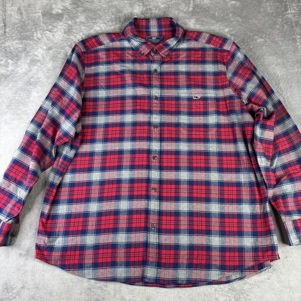 Vineyard Vines Shirt‎ Mens 2XL Red Blue Gray Plaid Classic Tucker light Flannel - Picture 2 of 8